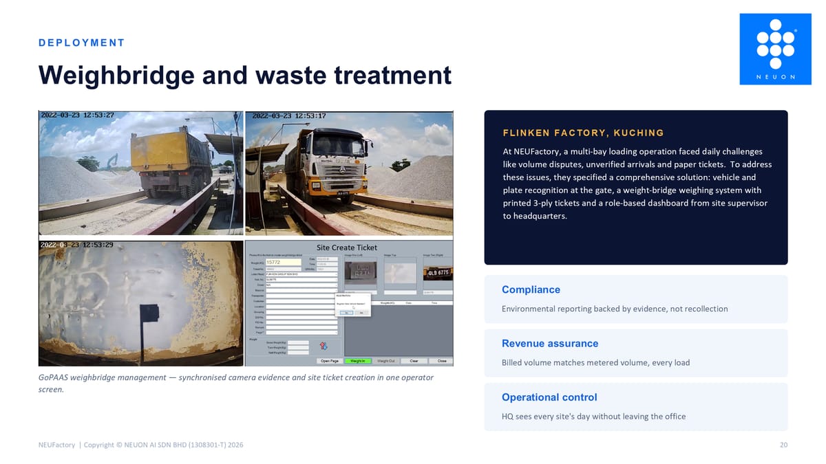 Deployment — weighbridge and waste treatment, at the Flinken factory in Kuching