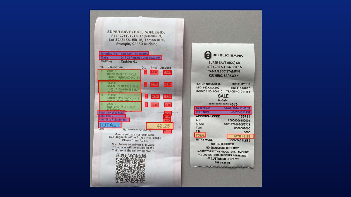 Context Mining — one purchase, two documents, every field marked