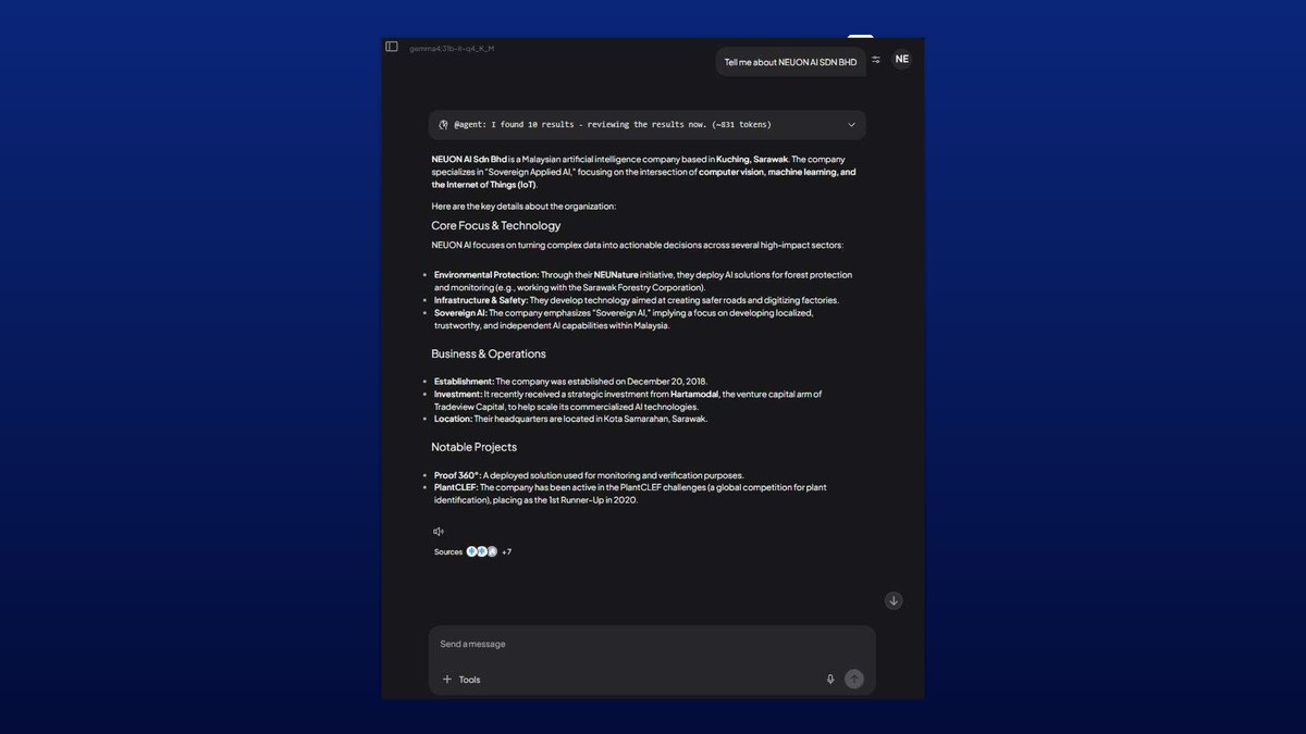 Self-hosted SLM — gemma4:31b-it-q4_K_M, with its retrieval step and its sources